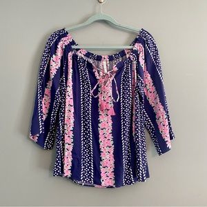 NWOT Southern Tide Floral Polka Dot Blue Pink Mackenzie Off Shoulder Blouse Sz M